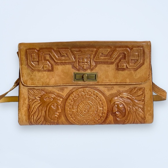 mont-abur Handbags - Vintage Beautiful Tooled Leather Handbag Purse Mont-Abur Made Mexico Aztec Mayan